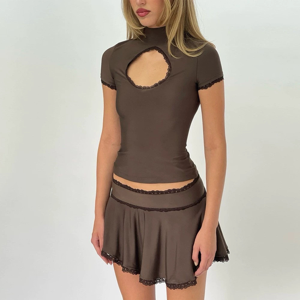 H&M Sexy Summer Lace Hollow Out Short Sleeve Top and Skirt Set Slim Fit